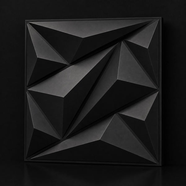 A square black 3D geometric wall art panel with faceted polygonal relief, shown against a dark black background.