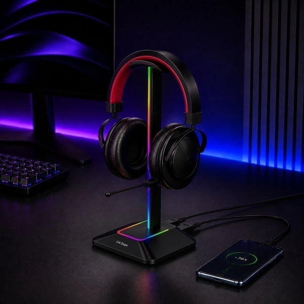 Black over-ear gaming headphones with a built-in microphone on a matching black stand, illuminated by RGB rainbow lighting. The stand is placed on a desk next to a smartphone charging cable, with a keyboard and monitor in the background under blue and purple ambient lighting.
