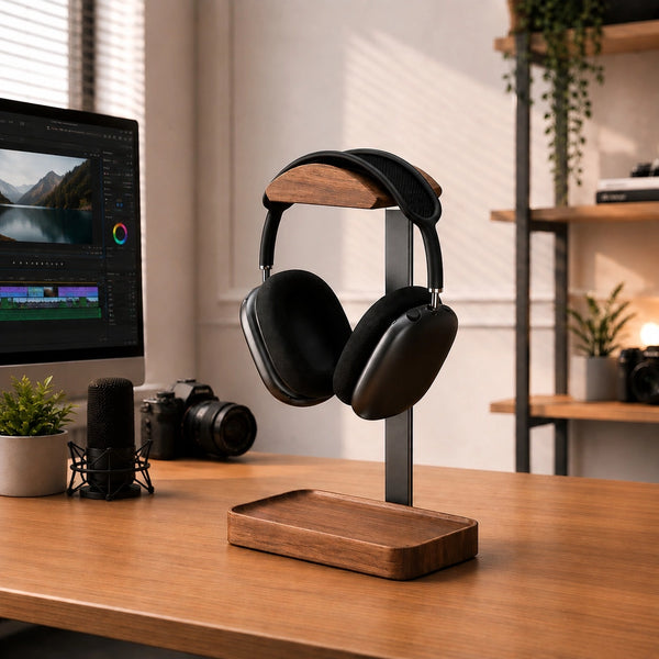 Black over-ear headphones displayed on a wooden desk stand with a wood-grain base, set in a modern home office environment with a computer monitor, camera, and shelving in the background.