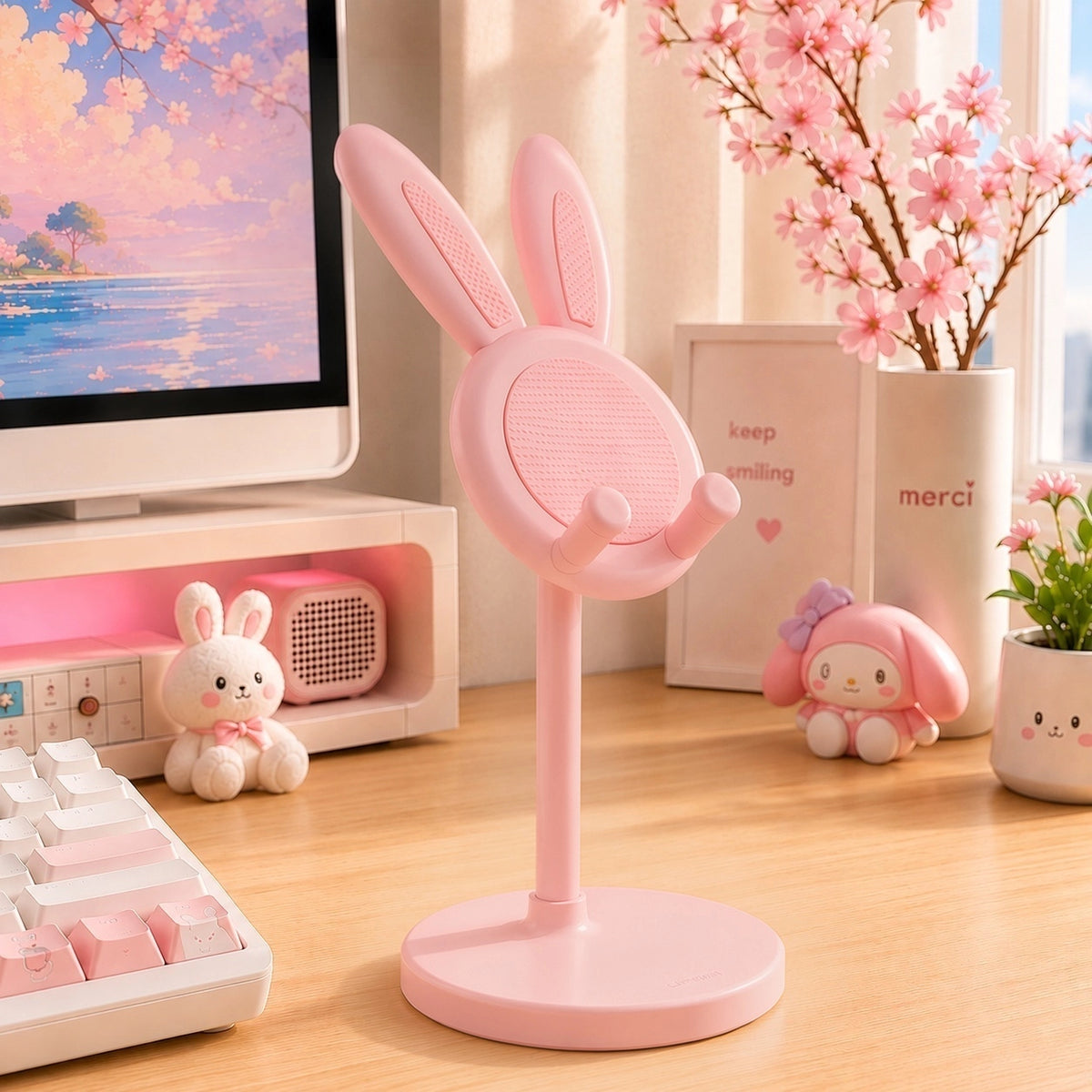 A pink bunny-shaped desk lamp with a circular mesh head and round base, shown on a wooden desk in a styled room setting with a keyboard, monitor, small plush rabbit, framed print, and cherry blossom branches.