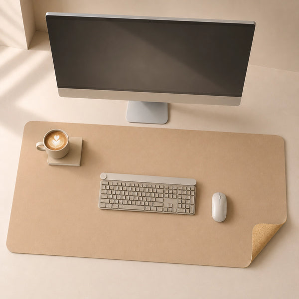 A large beige desk mat with a cork-look corner is styled on a light beige desk under a computer monitor, with a keyboard, mouse, and a cup of coffee on it.
