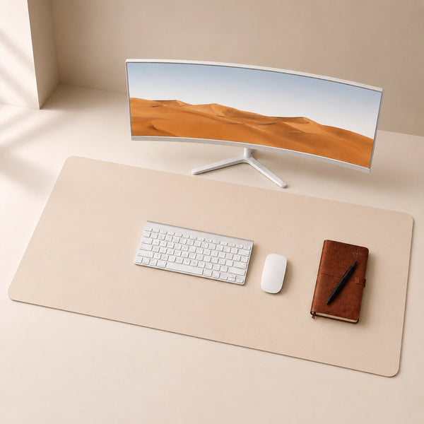 A large beige desk mat on a light beige desk, styled with a curved computer monitor, a white wireless keyboard, a white mouse, and a brown leather notebook with a black pen.