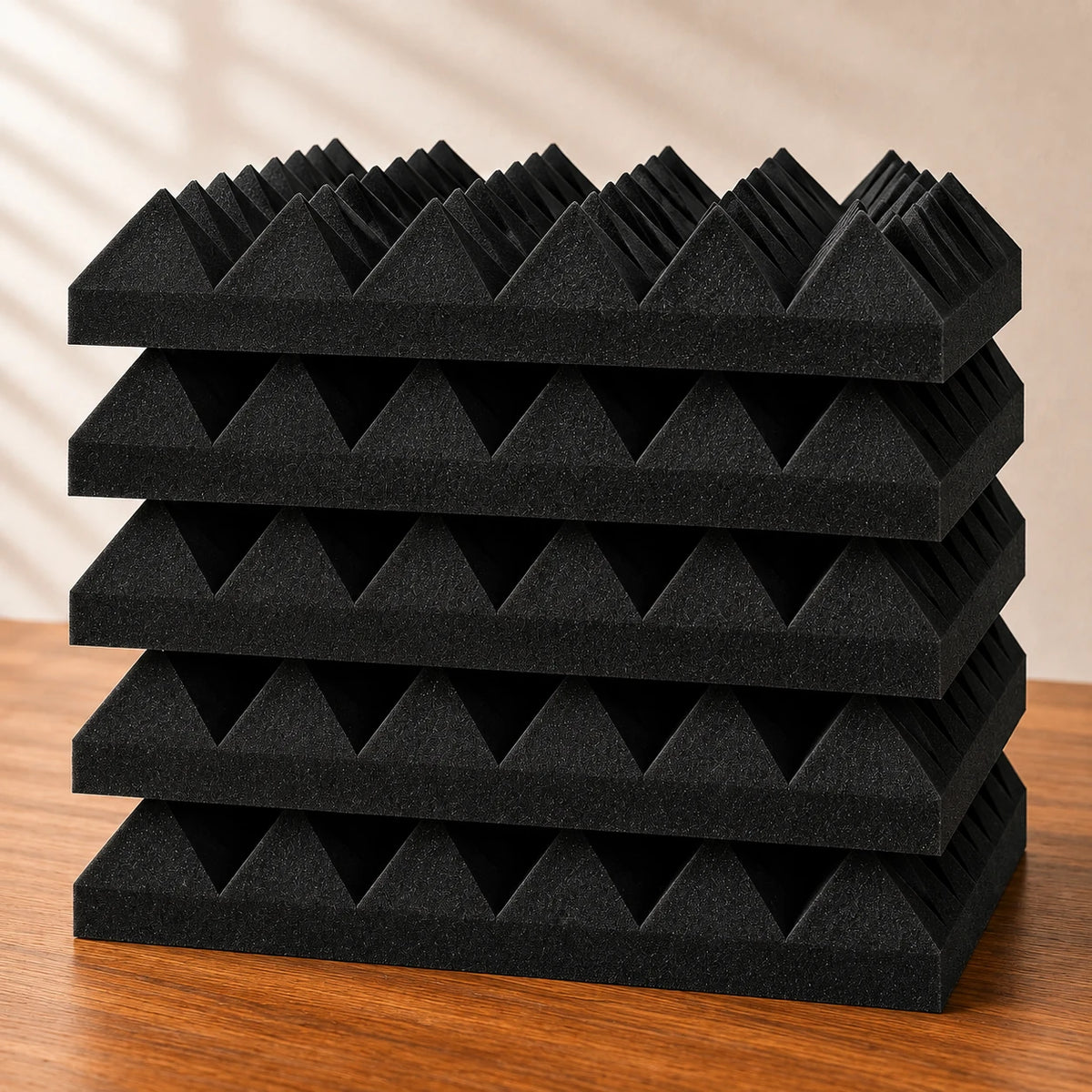Five stacked black acoustic foam panels with a pyramid pattern, displayed on a wooden surface against a neutral beige background.